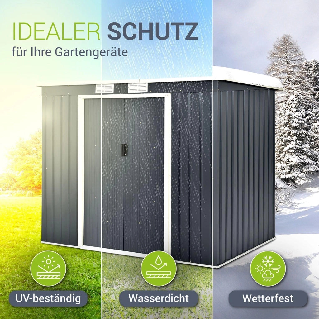 Casetta per attrezzi in metallo M 4 m³ con tetto a uno spiovente, porta scorrevole e fondamenta - 213 × 130 × 173 cm - antracite - Capanno per attrezzi in acciaio Casetta da giardino