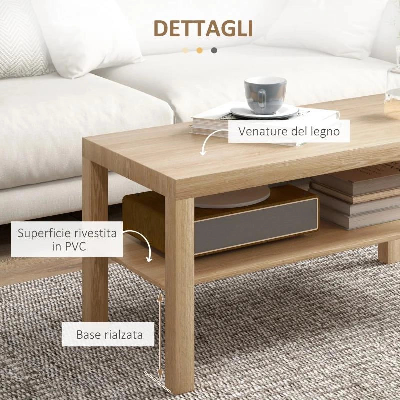 TAVOLINO DA SALOTTO RETTANGOLARE CON AMPIO RIPIANO, 90X45X44.5 CM, LEGNO NATURALE