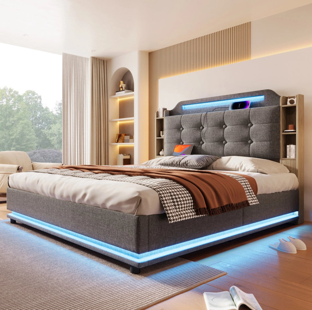Letto imbottito 140 x 200 cm con illuminazione integrata e ricarica laterale