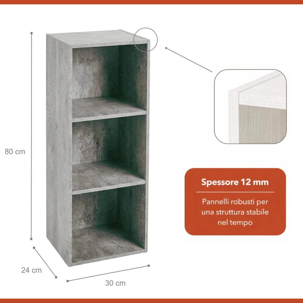 Libreria Scaffale Modulo Aperto 3 Ripiani Portaoggetti 30x24x80H cm Cemento LIB03