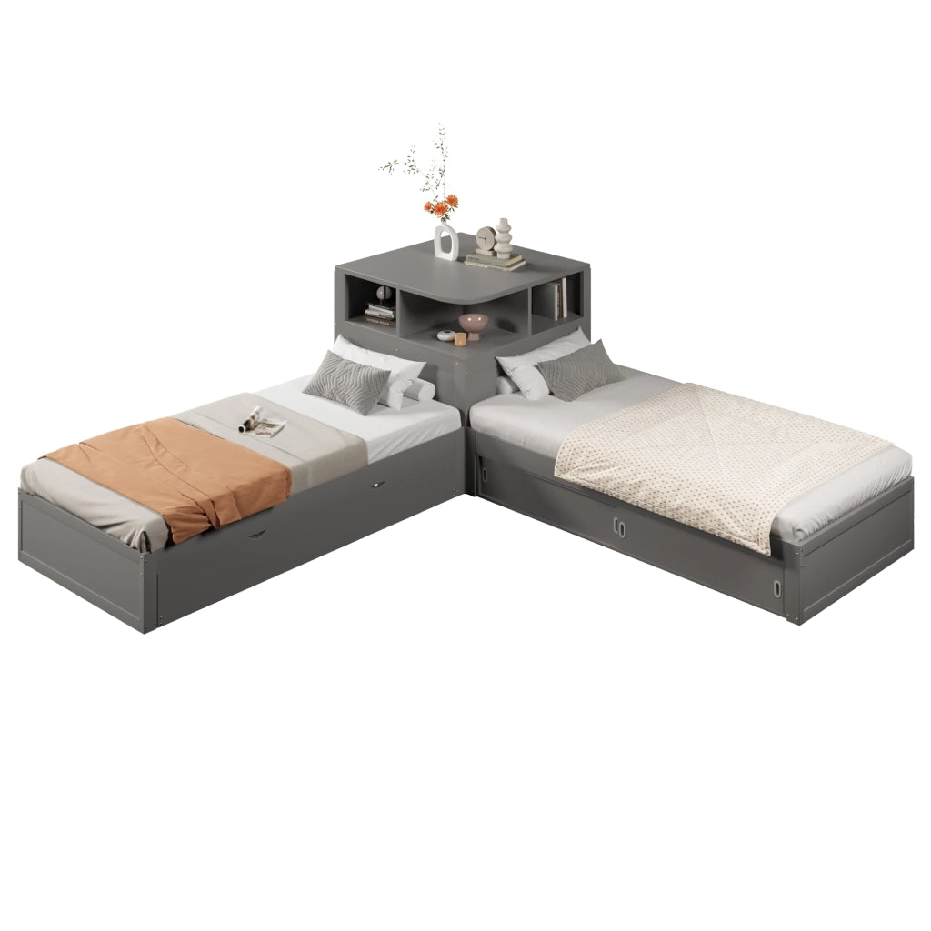 Letto singolo 90x200 cm con letto estraibile; contenitore con ante scorrevoli e luce notturna; grigio