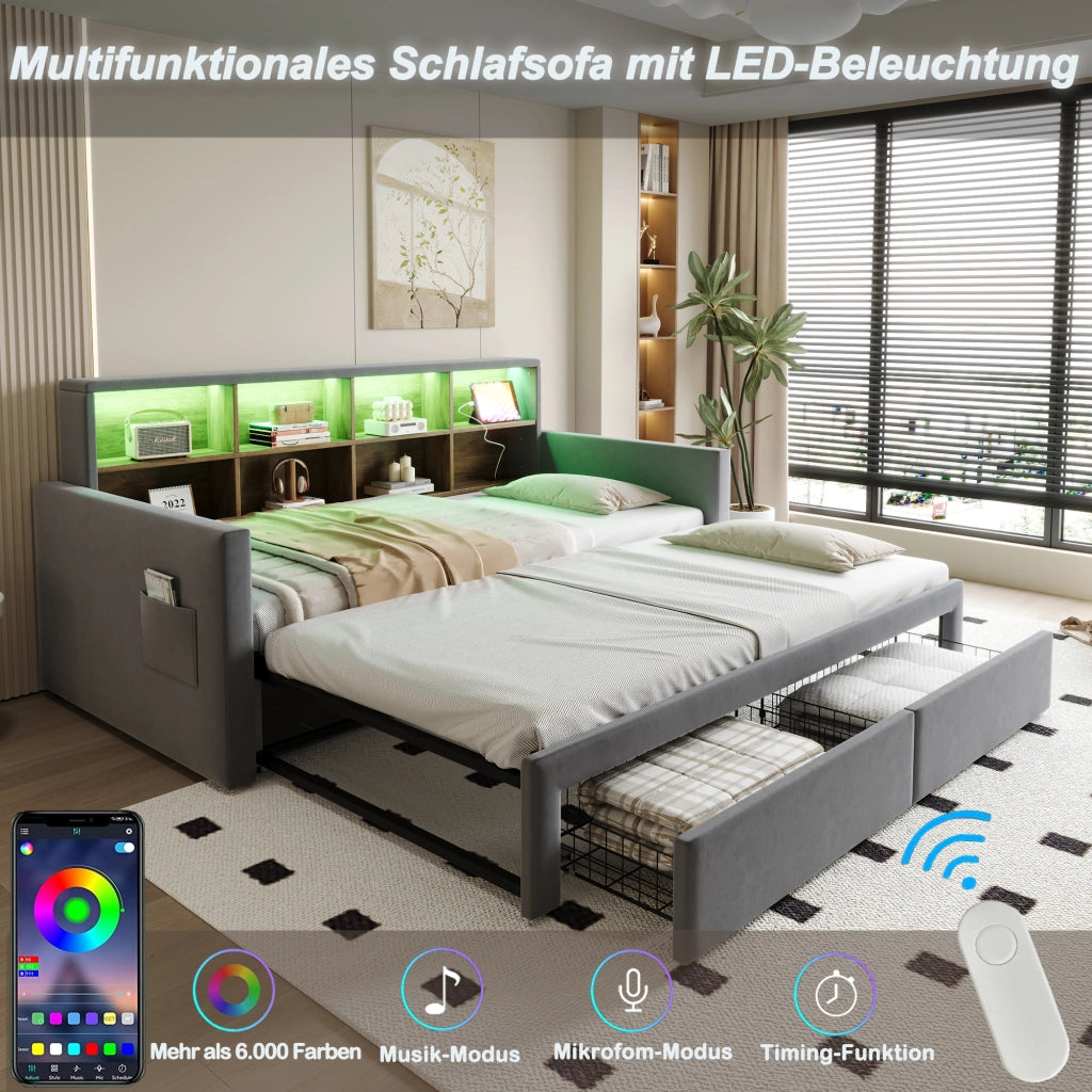 Letto Estraibile 1-2 Posti con Contenitore; 2 Cassetti; LED; USB e USB-C; 90×190 e 180×190 cm; senza Materasso