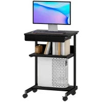 Scrivania PC con Cassetto Scorrevole, 2 Ripiani e 4 Rotelle, in Legno e Metallo, 56x51x79 cm, Nero