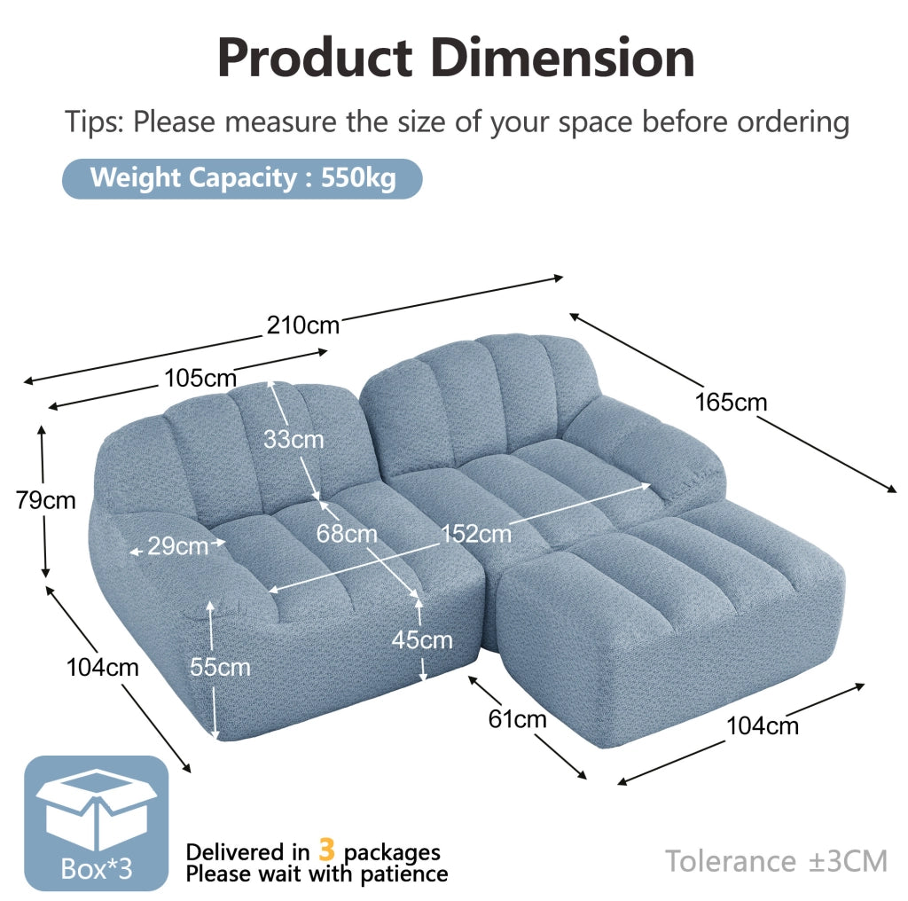 Divano modulare 210x165x79 cm senza struttura con pouf; fleece granulato blu
