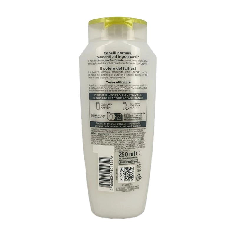 L'OREAL PARIS ELVIVE SHAMPOO PURIFICANTE ENERGIZZANTE CON CITRUS BRILLANTEZZA E LEGGEREZZA PER CAPELLI NORMALI TENDENTI AD INGRASSARSI 250 ML
