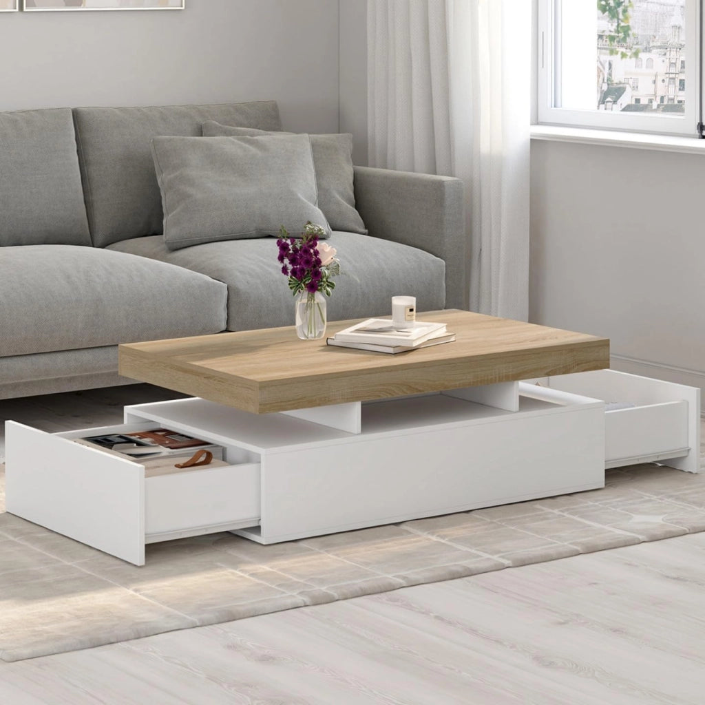 Tavolino rettangolare a 2 cassetti ELSA in legno bianco con piano in faggio
