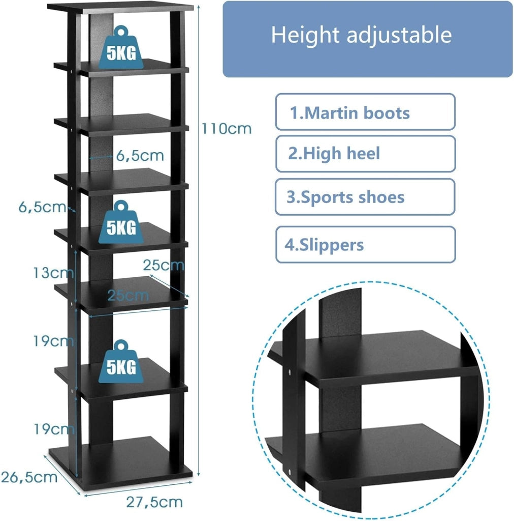 Scarpiera da Ingresso, Portascarpe a 7 Ripiani, Scaffale per 7 Scarpe, Stretto e Compatto per Salvaspazio, 27,5x26,5x110 cm (Nero, M)