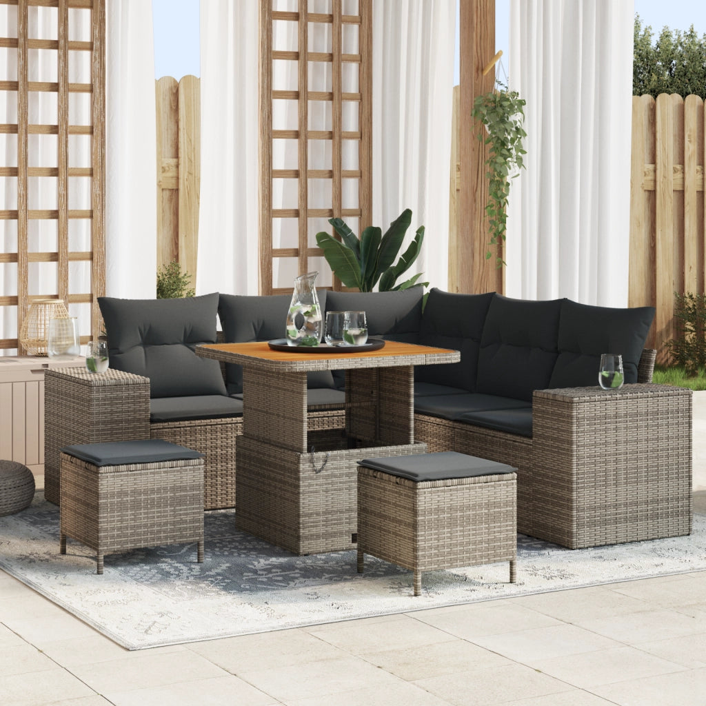 Set divano da giardino con cuscini  8 pezzi grigio rattan poliestere acacia