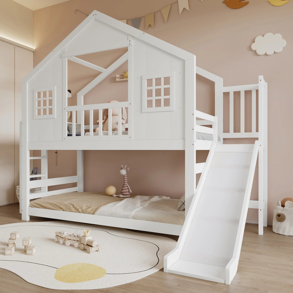 Letto a Castello con Scivolo e Finestre ¨C MINIMAL ¨C Pino/MDF, Bianco, 90x200