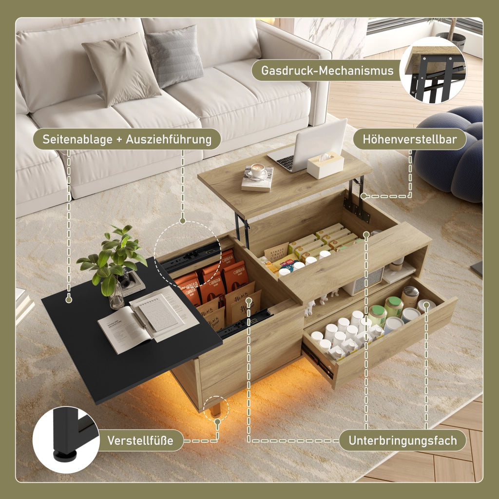 Tavolino basso sollevabile con cassetto e vani aperti, in legno ingegnerizzato e metallo, natural, 103.5 × 50 × 27.5 cm