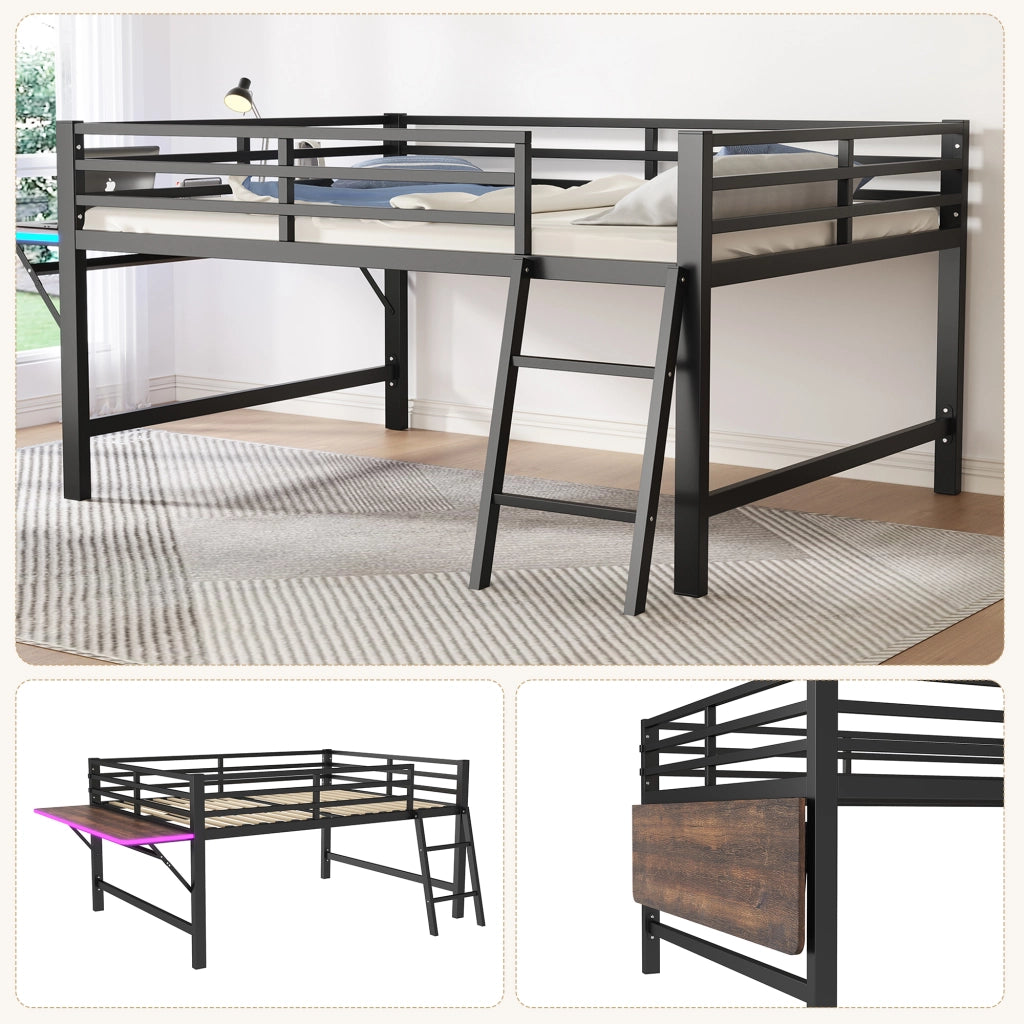 Letto a soppalco 140 × 200 cm con scrivania pieghevole, LED e sbarre di sicurezza, senza materasso, metallo, nero