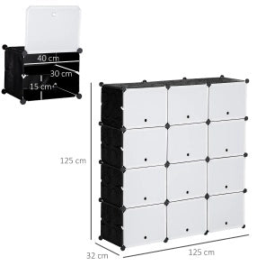 Scarpiera modulare ULEVR 125x32x125 cm con 12 cubi e ante rimovibili, plastica nera e bianca