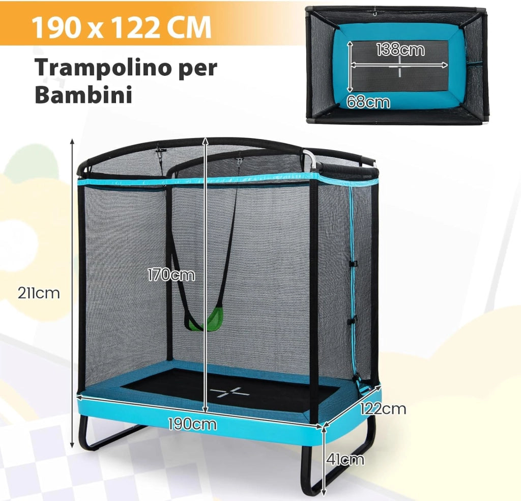 Trampolino per Bambini Rettangolare, Tappeto Elastico da Esterno ed Interno per Bambini da 190CM con Altalena e Rete di Sicurezza per Bambini più di 3 Anni, Portata 100kg