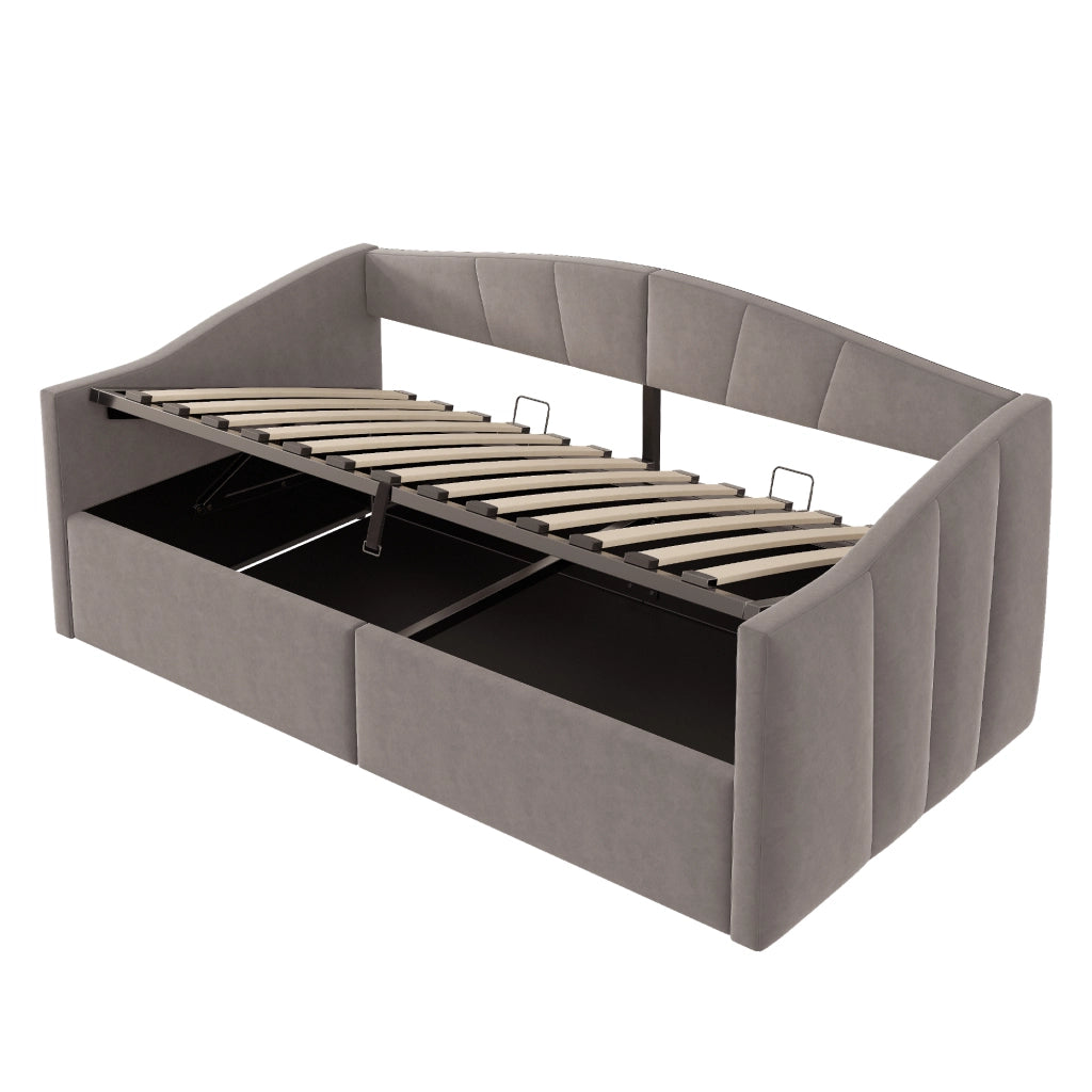 Letto imbottito singolo 90×200 cm con contenitore idraulico; rete a doghe; senza materasso; grigio