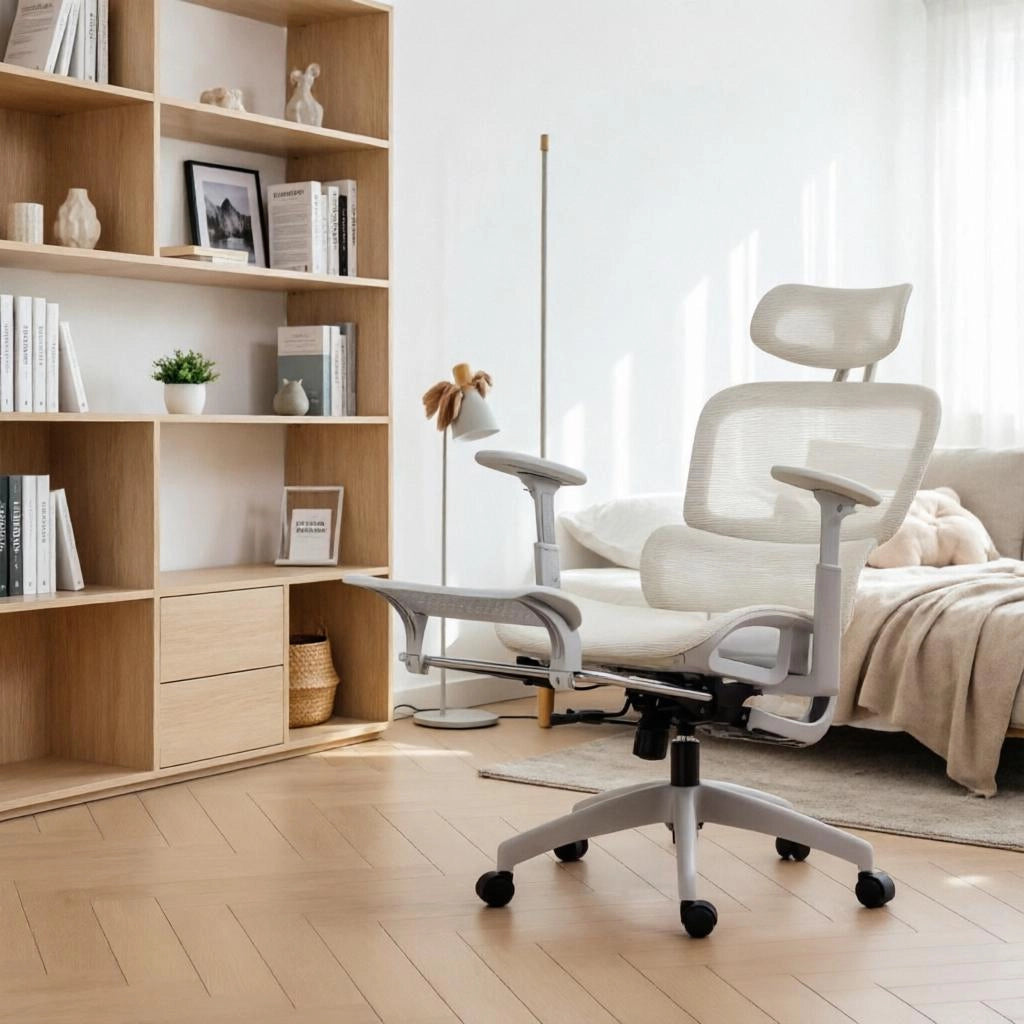 Sedia da ufficio ergonomica in mesh con poggiatesta regolabile, supporto lombare e poggiapiedi beige