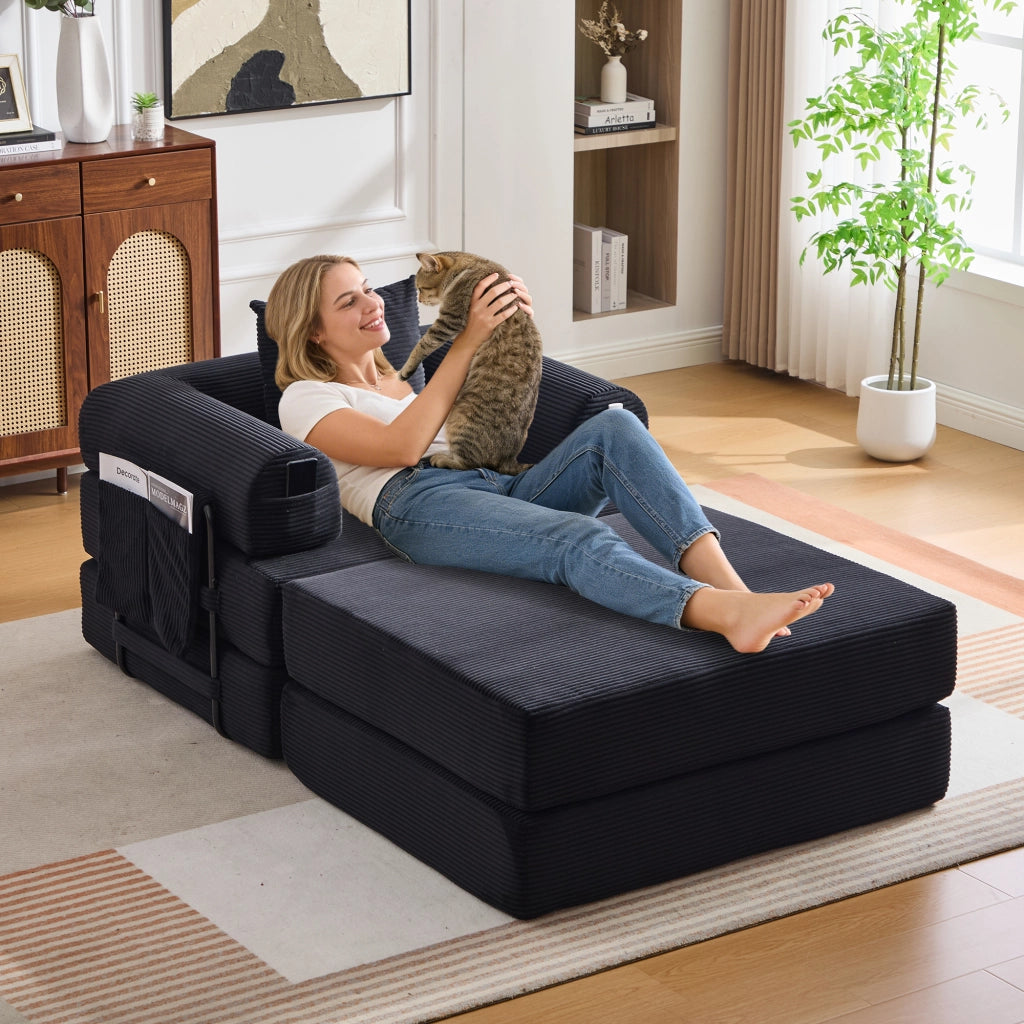 Poltrona Relax con Poggiapiedi e Cuscino ¨C MINIMAL ¨C Tessuto a Coste, Struttura in Metallo