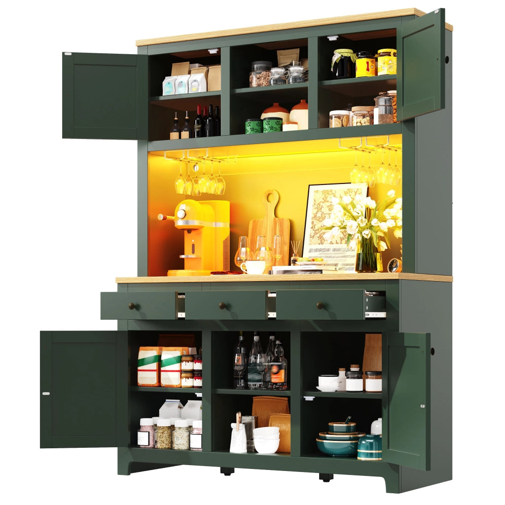 Credenza alta con LED e ante in PE rattan, ripiani regolabili e cassetti, per cucina e soggiorno, verde antico