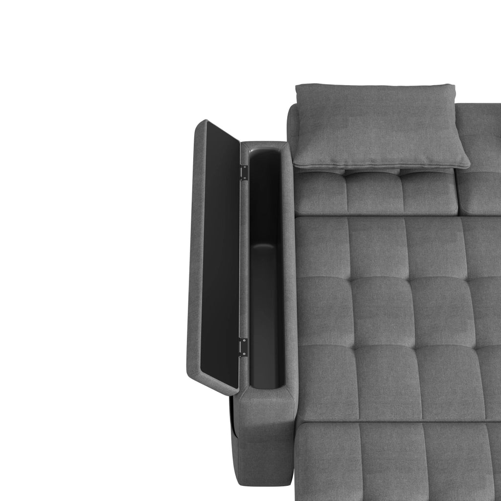 Divano letto a 2 posti con schienale regolabile; contenitori laterali; 2 cuscini; grigio