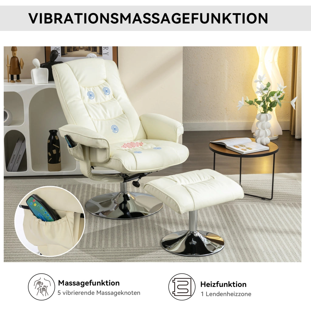Poltrona Massaggiante Elettrica con Riscaldamento; Schienale Regolabile 135° e Poggiapiedi; Girevole; in PU Beige
