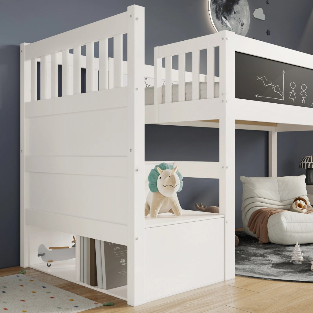 DESMIU Letto a Soppalco per Bambini 1 Posto con Scala Contenitore e Lavagna, 90 × 200 cm, Senza Materasso, Bianco