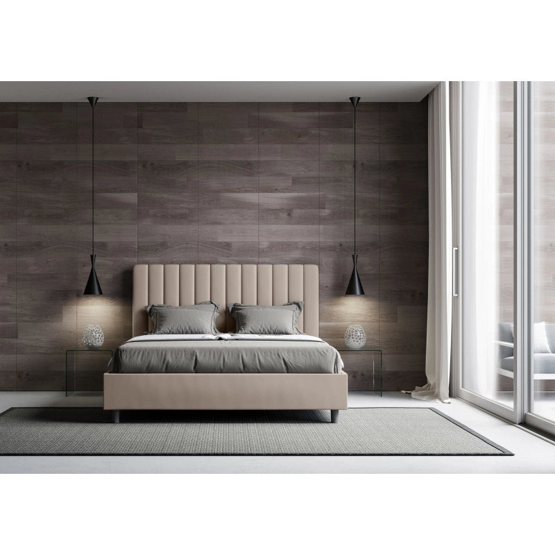 Letto imbottito Letto Matrimoniale alla Francese 150x190 cm Agueda - Similpelle,Senza rete,Tortora