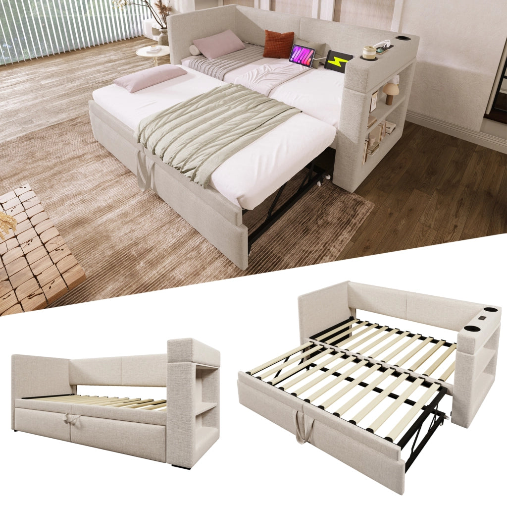 Divano letto con letto estraibile 90x200 cm; cotone e lino beige; USB e Type-C