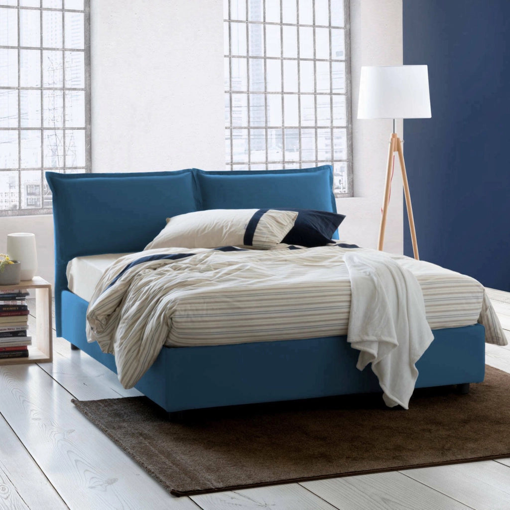 Letto matrimoniale Arden, Letto contenitore con rivestimento in tessuto, Made in Italy, Apertura frontale, con materasso cm 140x190 incluso, Blu