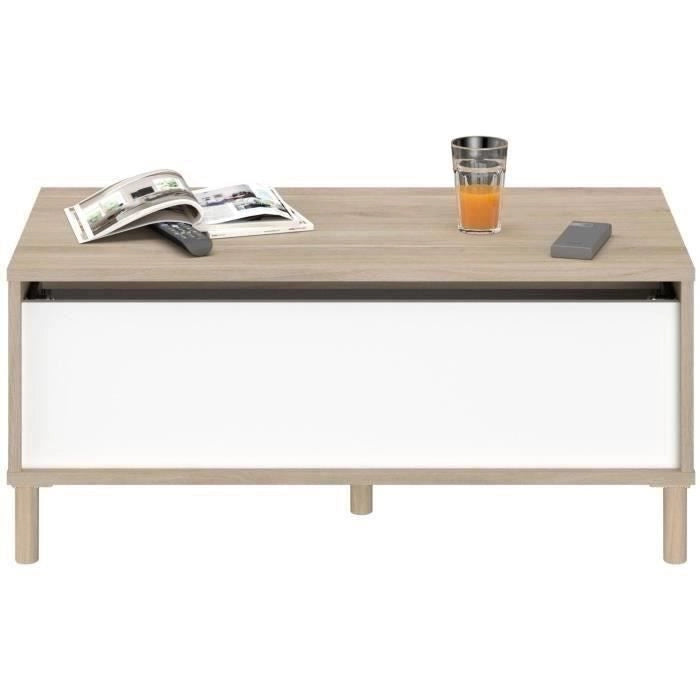 Tavolino sollevabile MORPHOS - L 100 x P 50 x H 43,6 cm - Rettangolare - Decoro Bianco / Rovere - PARISOT