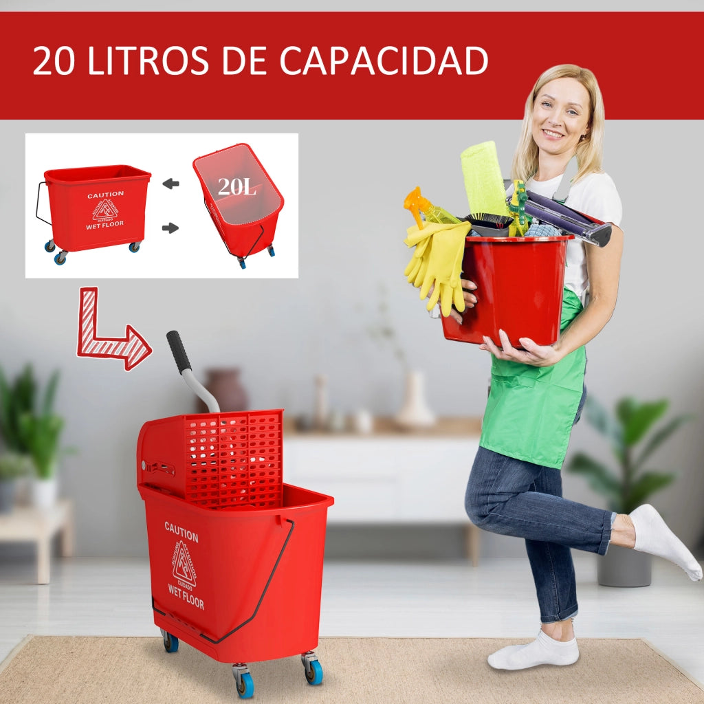 Secchio per Fregona 20L con Ruote e Scolapiatti ¨C Zephmum ¨C Rosso 60x27x70,5 cm