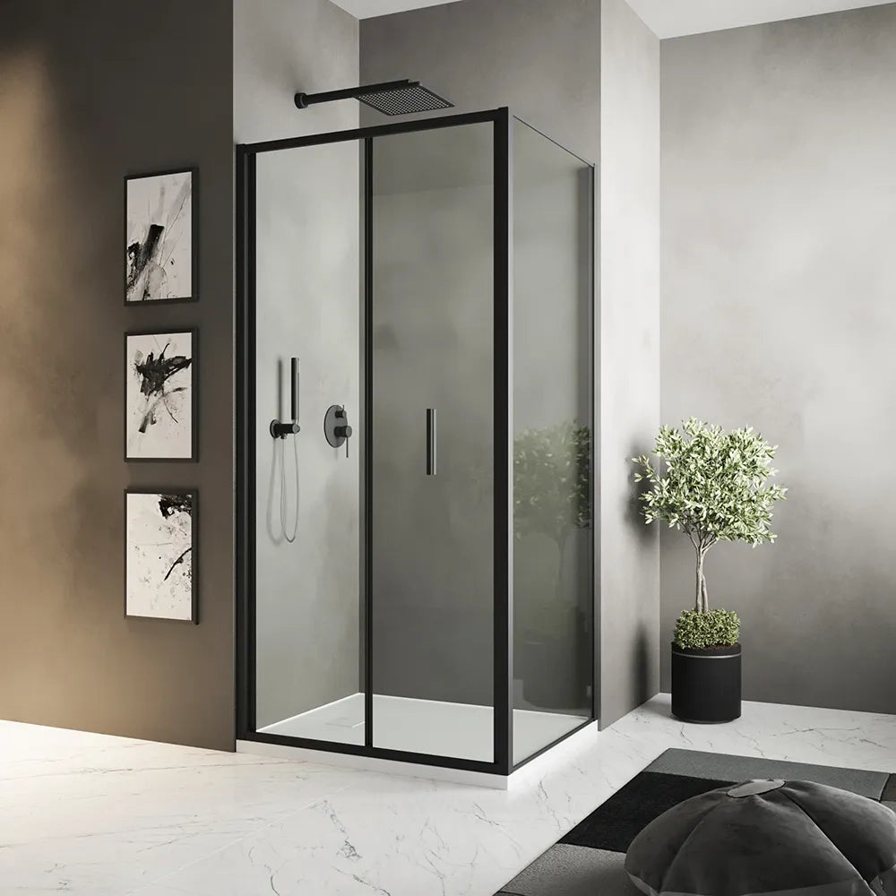 Box doccia slim 90x70cm con porta a libro e parete fissa profili nero opaco e vetro 6mm trasparente h190| Portofino