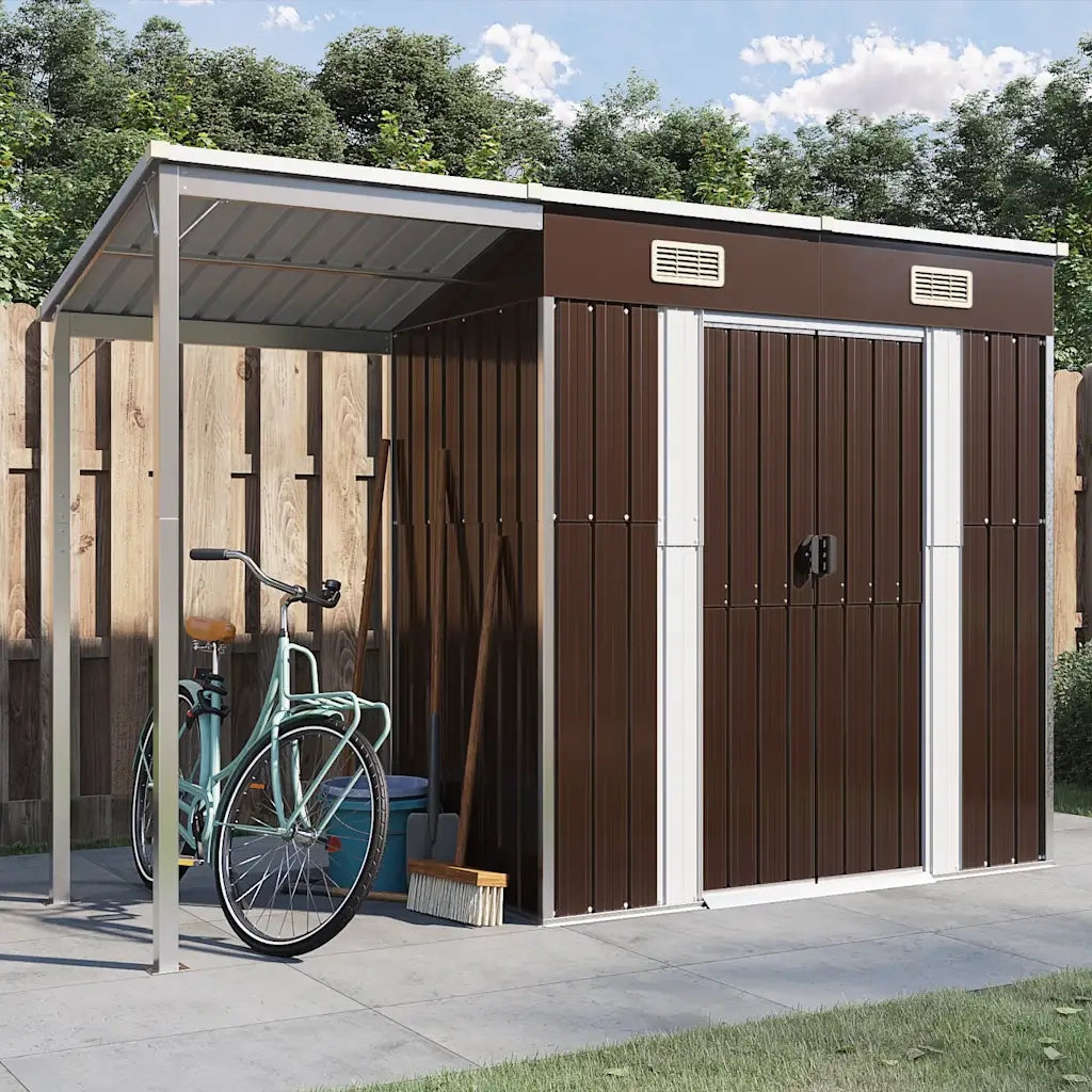 Capanno Giardino Tetto Esteso Marrone 277x107x181cm Acciaio 364527