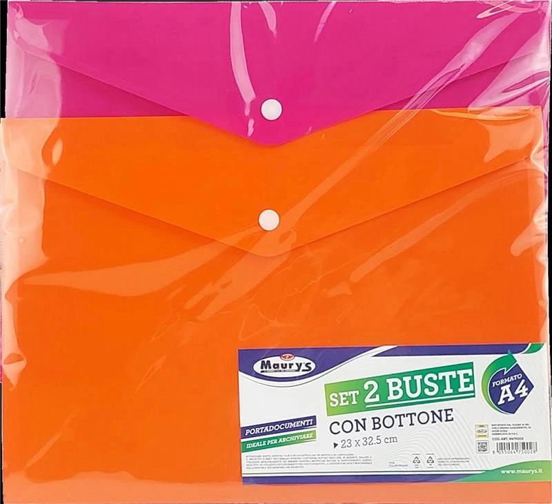 MAURY'S BUSTE PORTA DOCUMENTI CON BOTTONE IN FORMATO A4 CONFEZIONE DA 2 PEZZI