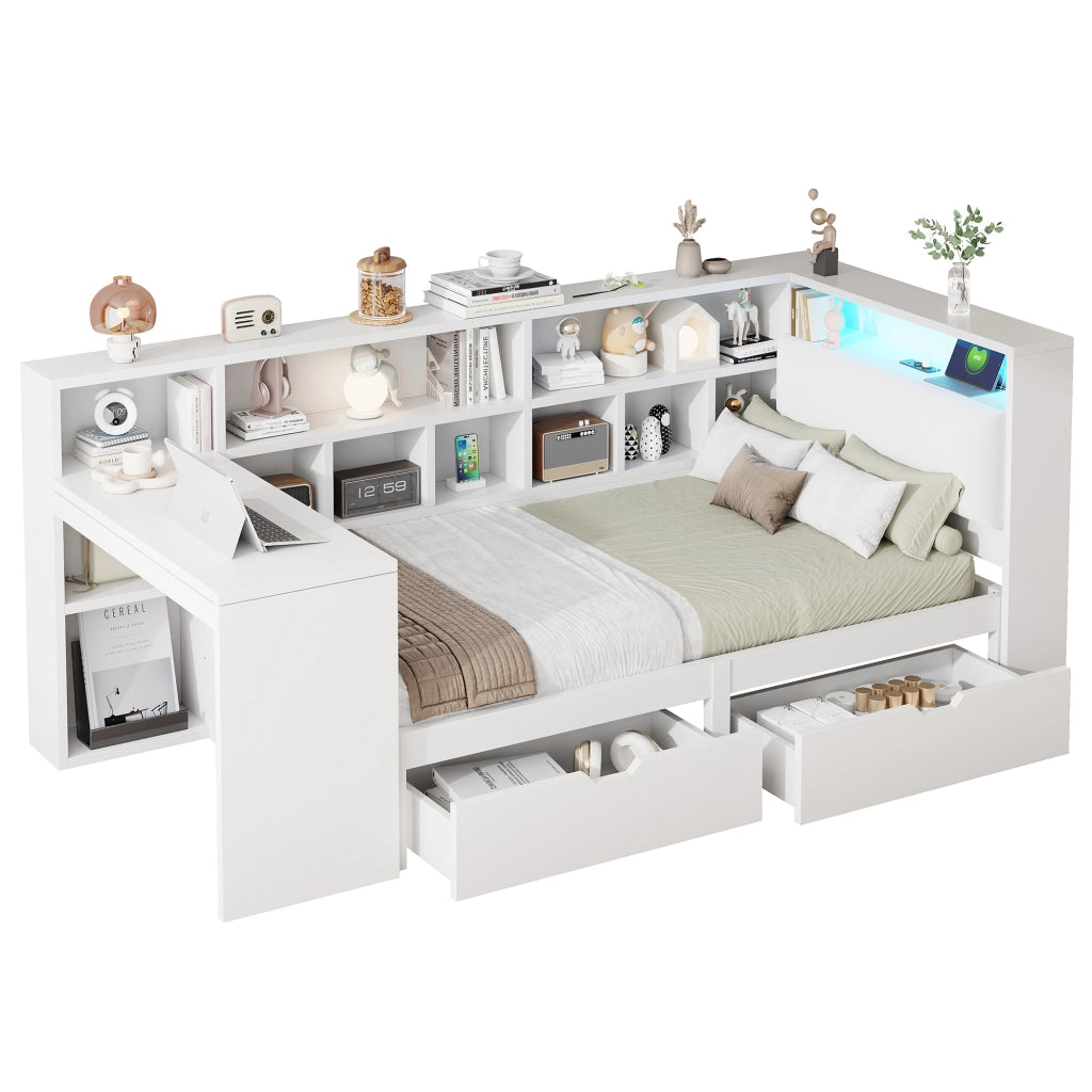 Letto a soppalco 90 × 200 cm con scrivania, libreria, cassetti, LED e USB, senza materasso, bianco