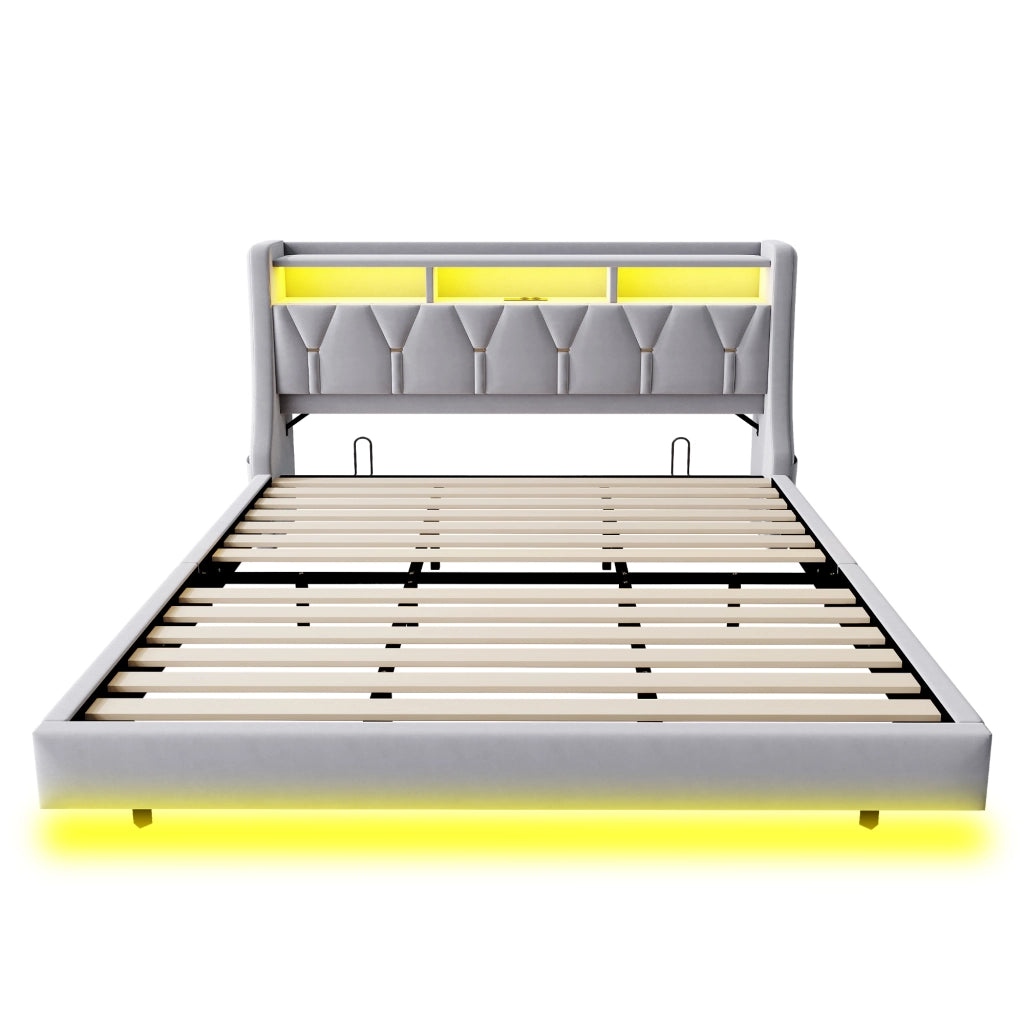 Letto Matrimoniale 180x200 cm; Contenitore; USB e Type-C; LED; in Velluto Grigio Chiaro