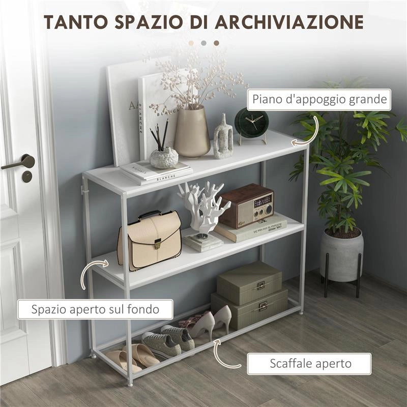 TAVOLO CONSOLLE DA INGRESSO CON RIPIANO APERTO, IN ACCIAIO E TRUCIOLATO, 100X30X87 CM, BIANCO