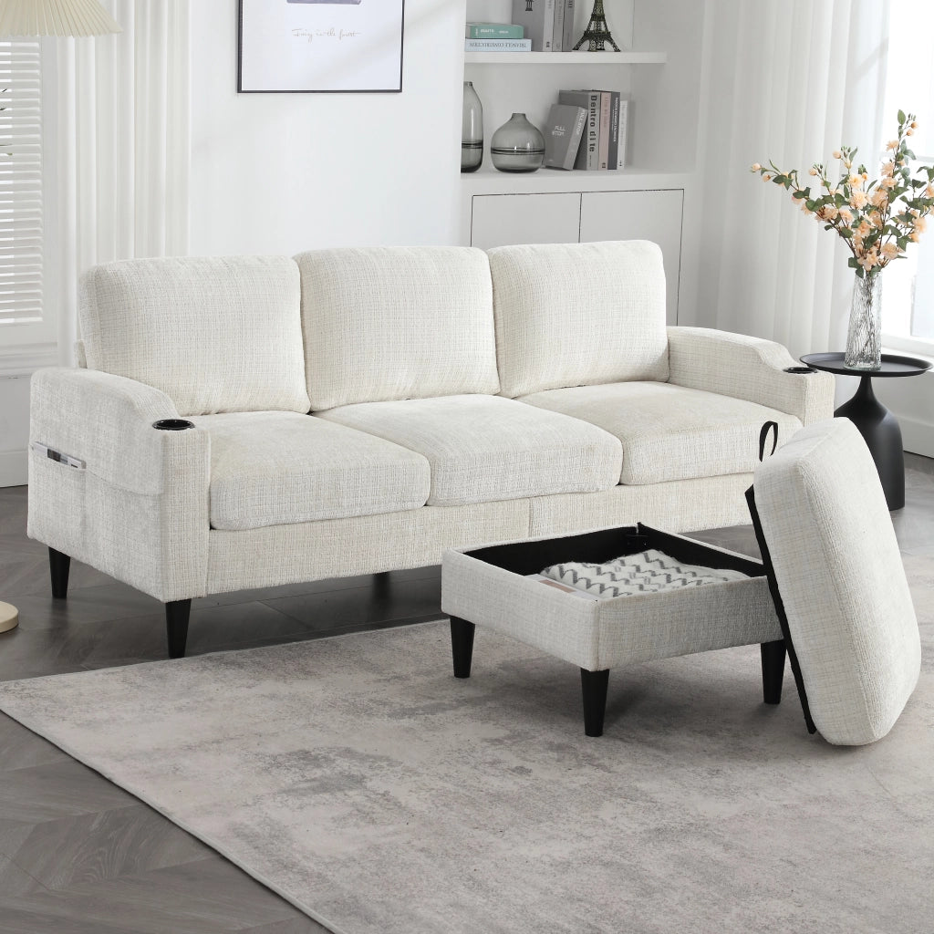 Divano Dritto 4 Posti con Pouf Contenitore; Portabicchieri e Tasche Laterali; Struttura Metallo Legno in Chenille Beige