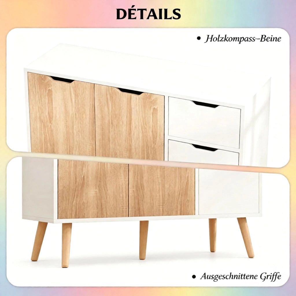 Credenza di design scandinavo, credenza con cassetti e ante, mobile da ingresso, cassettiera