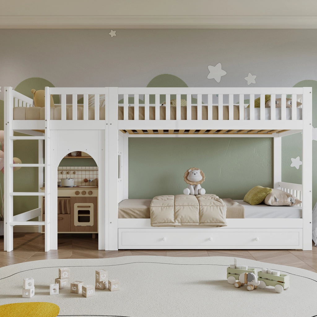 LETTO a castello 90x200 cm in legno massello e MDF bianco e naturale