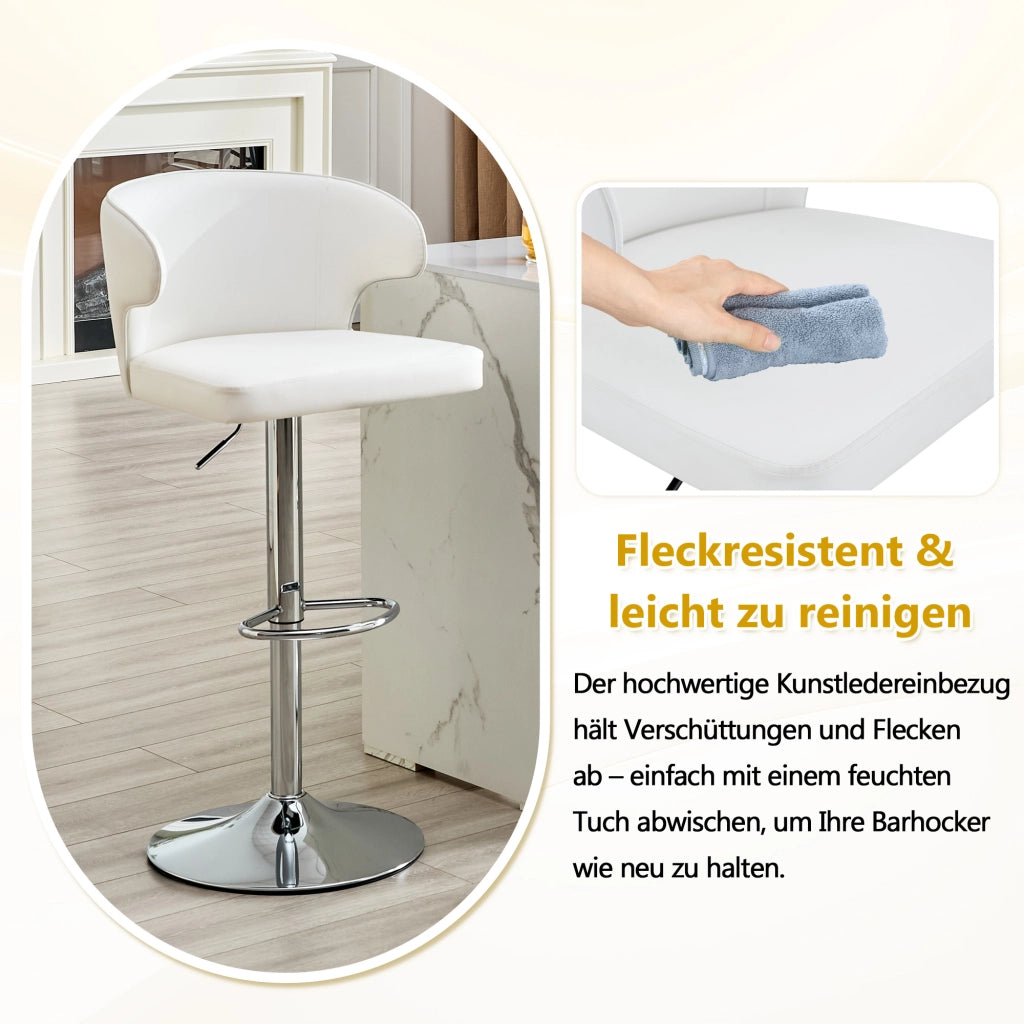 Sgabello da Bar Girevole con Schienale Ergonomico, Altezza Regolabile e Poggiapiedi, in PU Bianco