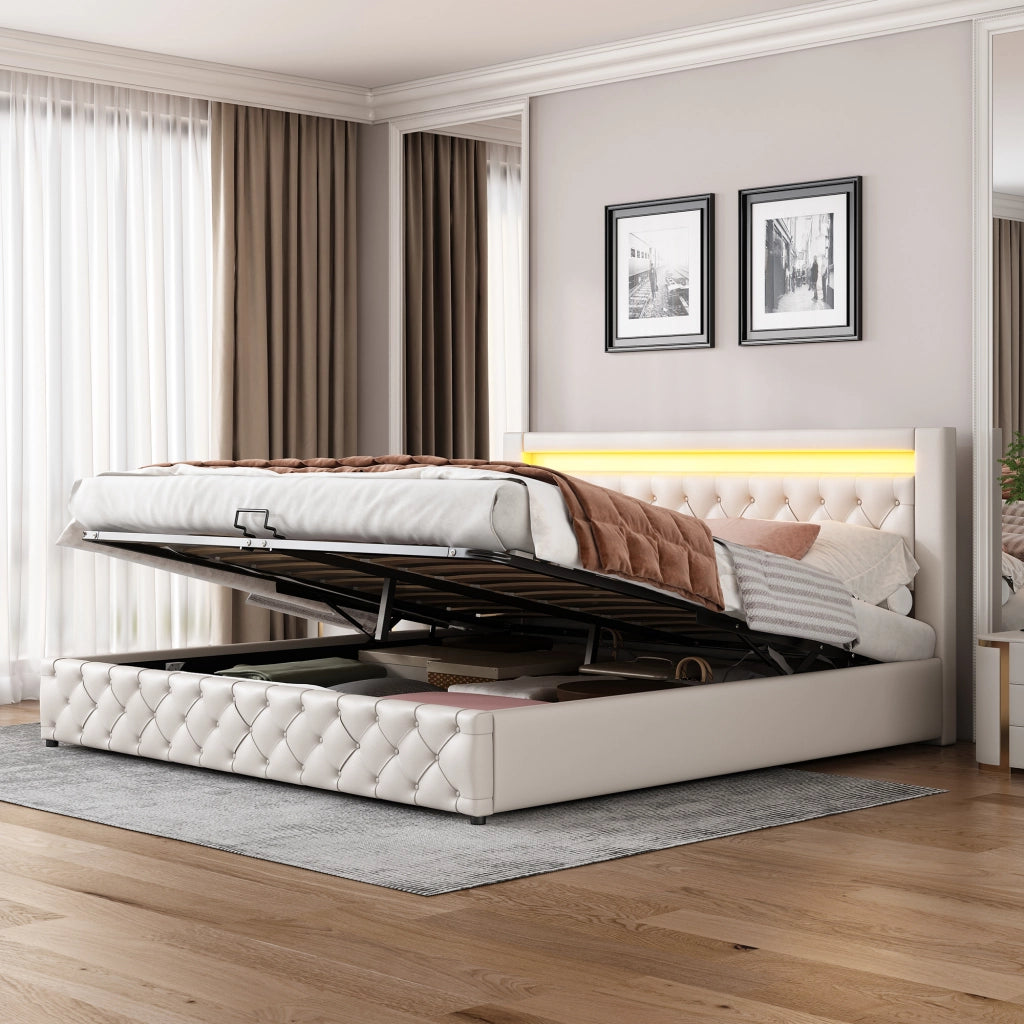 Letto imbottito 180x200 cm in PU bianco con rete a doghe, contenitore, LED e testiera alta