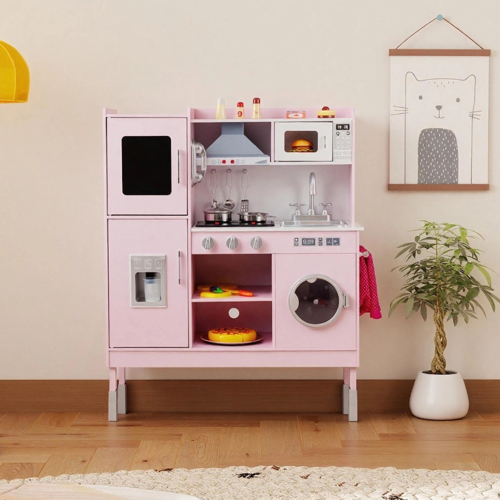Cucinetta per bambini con cappa macchina del ghiaccio telefono, Cucina con luci e suoni realistici per bambini Rosa-Cucine giocattoli