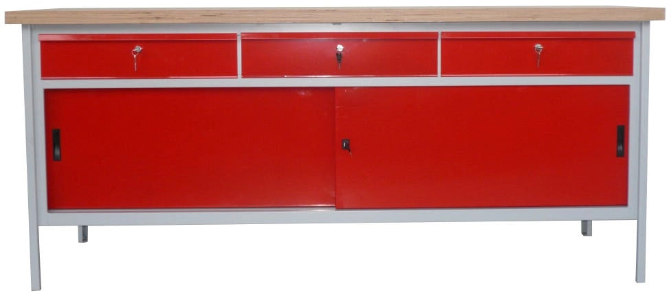 Banco monoblocco con top in legno di faggio sp. mm. 40 con ante e cassetti cm. 200x75x88h