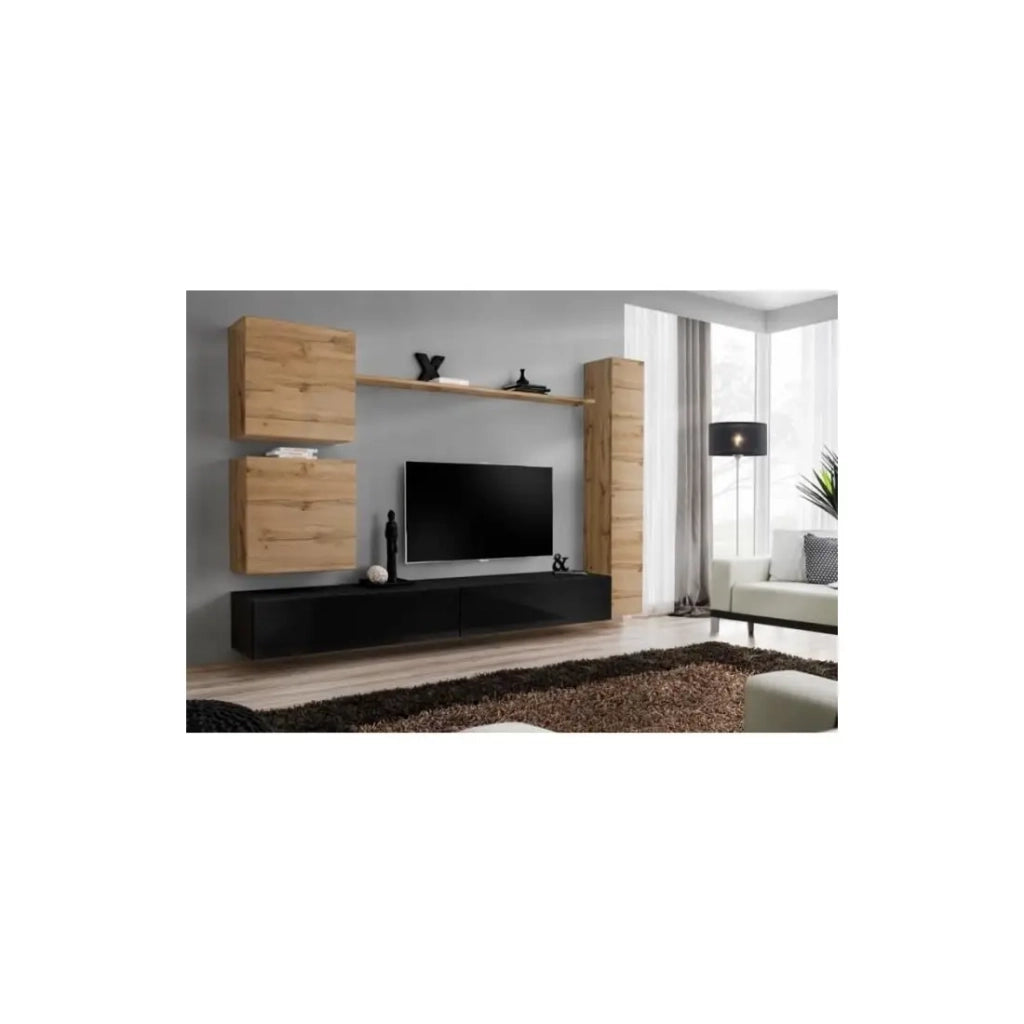 Set mobile da salotto SWITCH VIII. Mobile TV da parete di design, colori nero lucido e rovere Wotan.