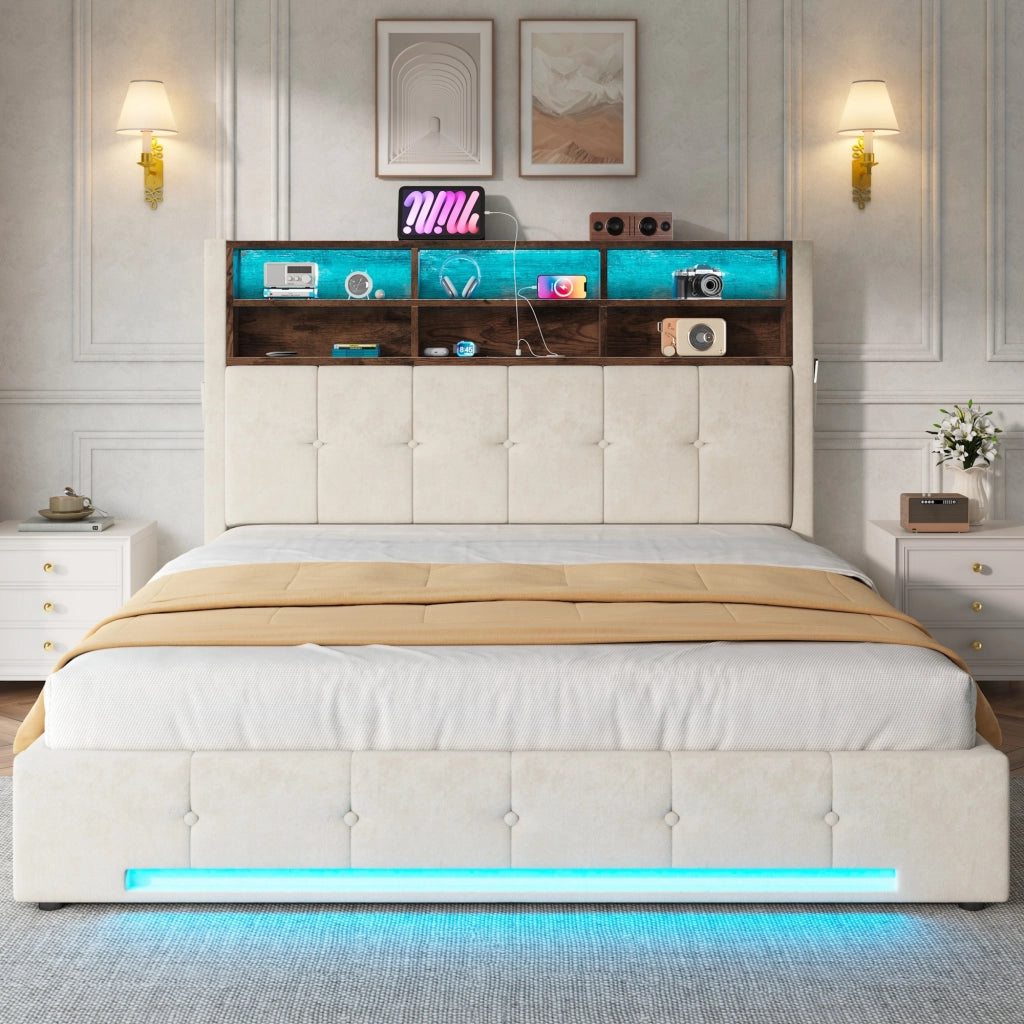 LETTO Contenitore 180x200 cm Velluto Beige con testiera multifunzione