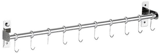 Keukenrek a muro per padelle, guide in plastica grigia per posizionare gli utensili, sistema di archiviazione moderno, compatibile con coperchi di padella e accessori da cucina, progettato per risparmiare spazio.