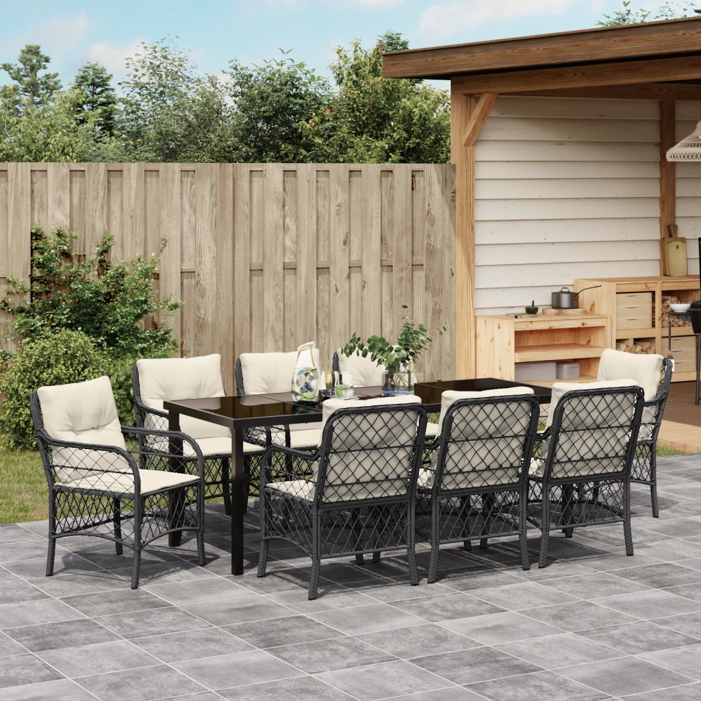 Set da pranzo da giardino da 9 pezzi con cuscini Nero Polyrattan