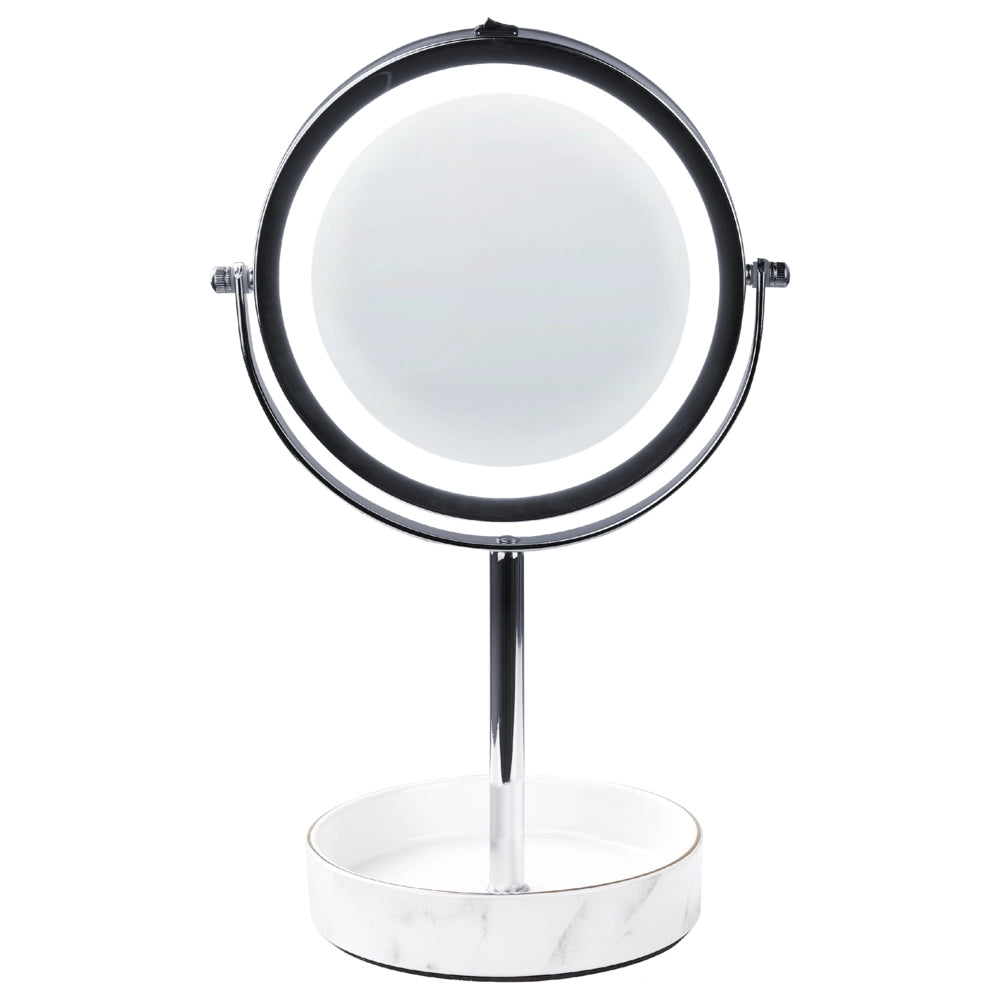 Specchio trucco con luci LED e telaio in ferro Ø 20 cm in color argento e bianco moderno