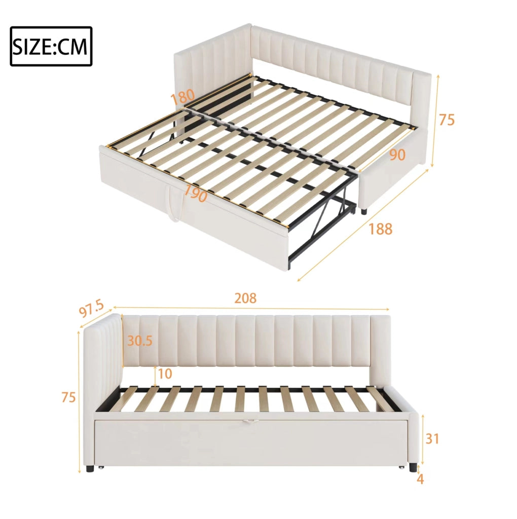 Divano letto a L estraibile 90x200 cm in velluto beige