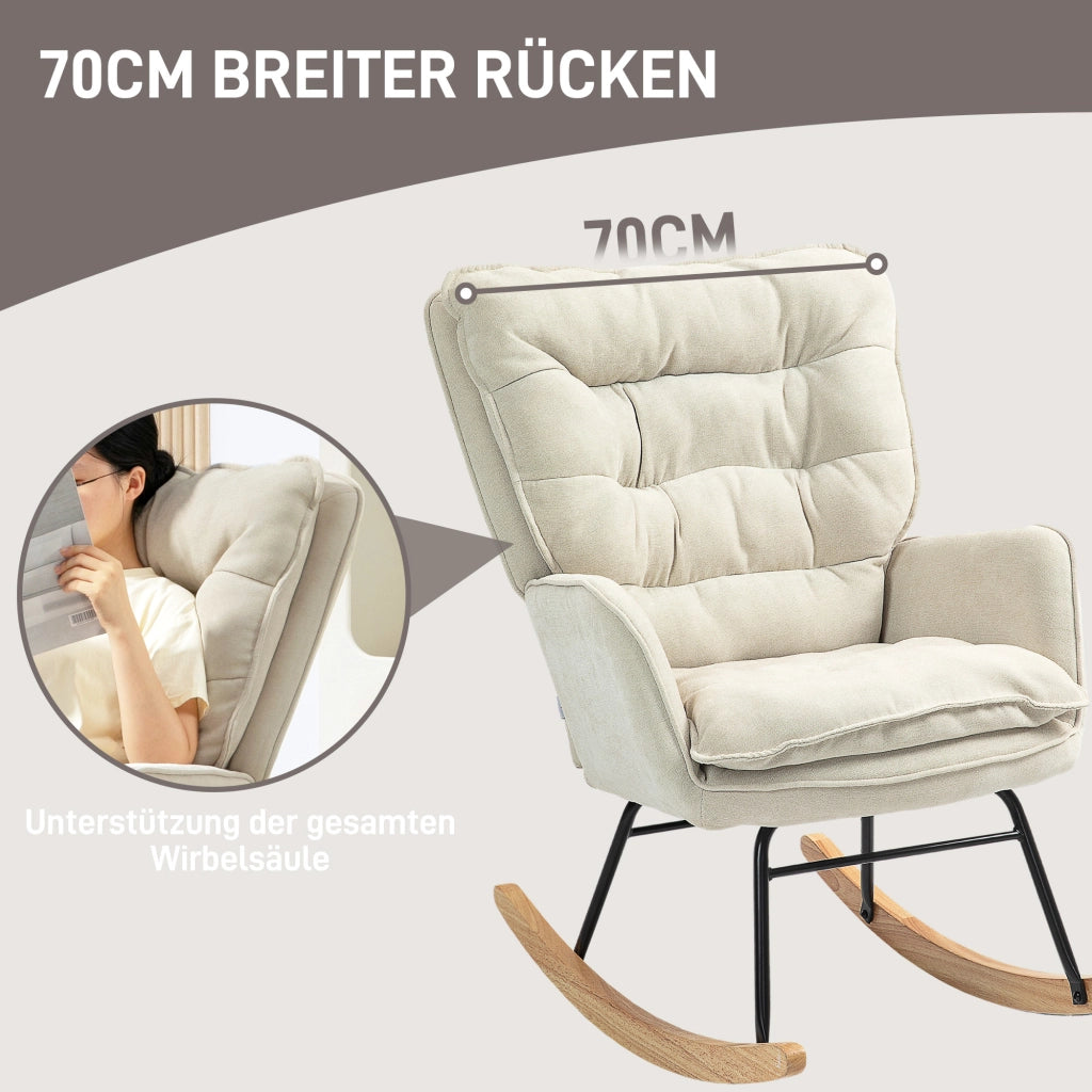 Poltrona a dondolo in tessuto chenille con braccioli, seduta ampia e schienale ergonomico beige 71 × 98,5 × 97 cm
