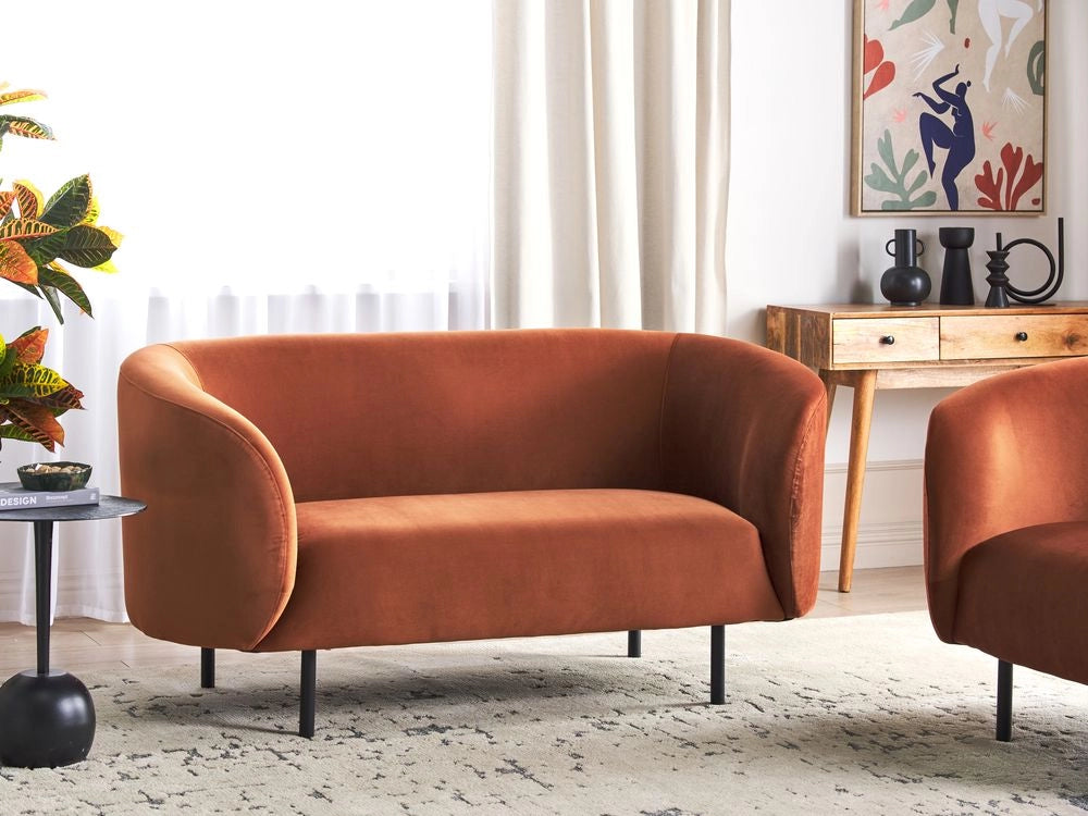 Divano 2 posti in poliestere arancione con gambe nere stile glamour retrò soggiorno